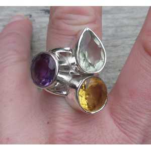 Silver ring set with Amethyst, Citrine and green Amethyst 18 mm