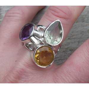 Silver ring set with Amethyst, Citrine and green Amethyst 18 mm