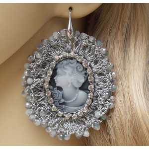 Silver earrings with cameo pendant of silk thread and crystals