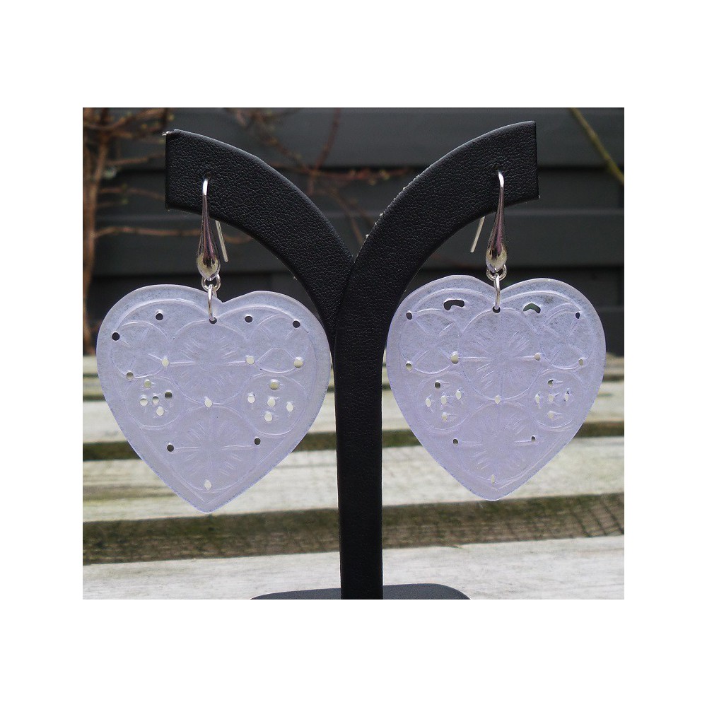 Silver earrings with lavender Jade carved hearts