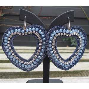 Earrings with hearts of silk thread and crystals