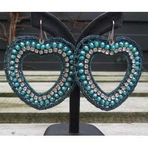 Earrings hearts of silk thread and crystal blue /green