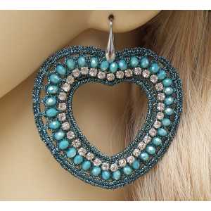 Zilveren oorbellen harten van zijdedraad en kristallen blauw /groen