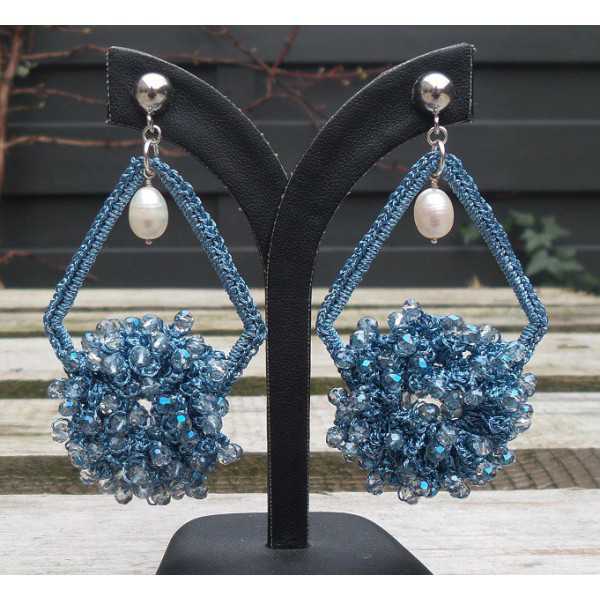 Silber-Ohrringe, Ohrringe aus Seidenfaden und Kristall und Perle