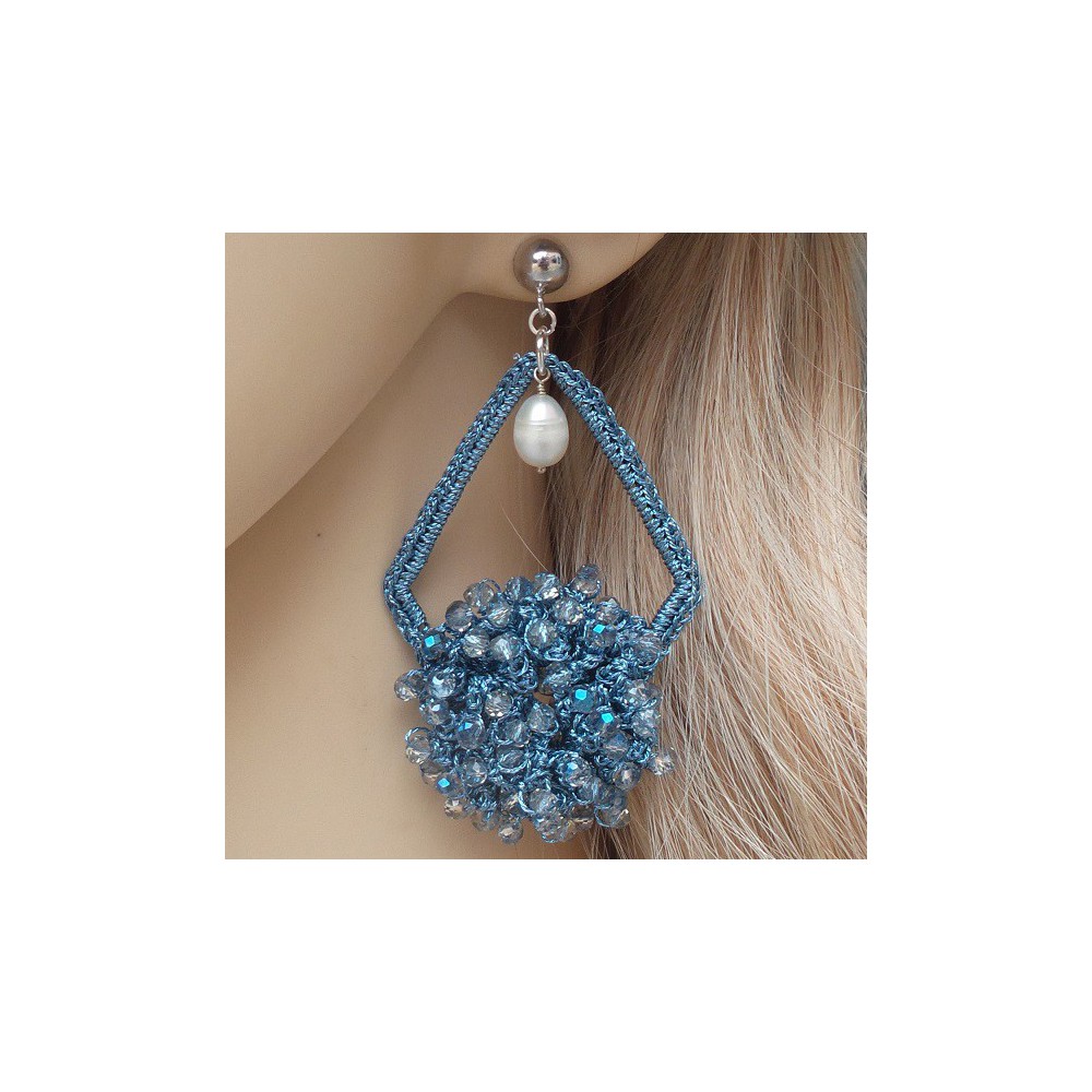 Silver earrings, earrings from silk thread and crystal and Pearl