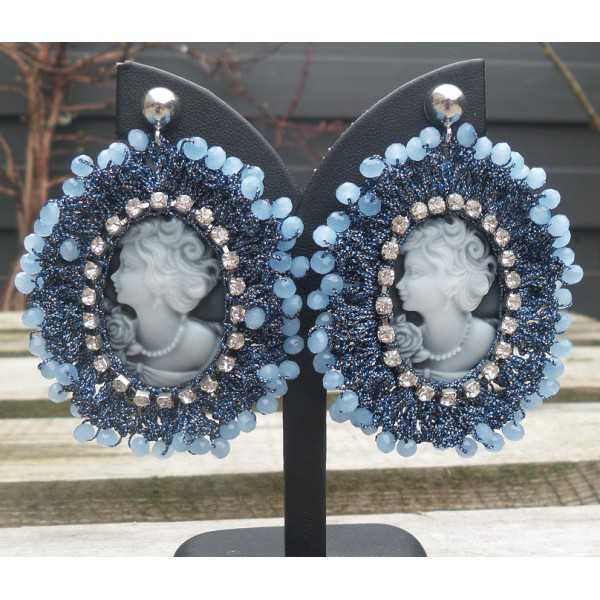 Silber Ohrringe mit cameo Anhänger der Seidenfaden und crystal blue
