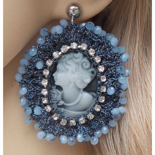 Silber Ohrringe mit cameo Anhänger der Seidenfaden und crystal blue