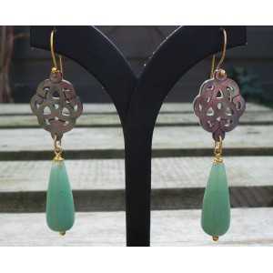 Gold plated earrings carved Blacklip shell and Aventurine 