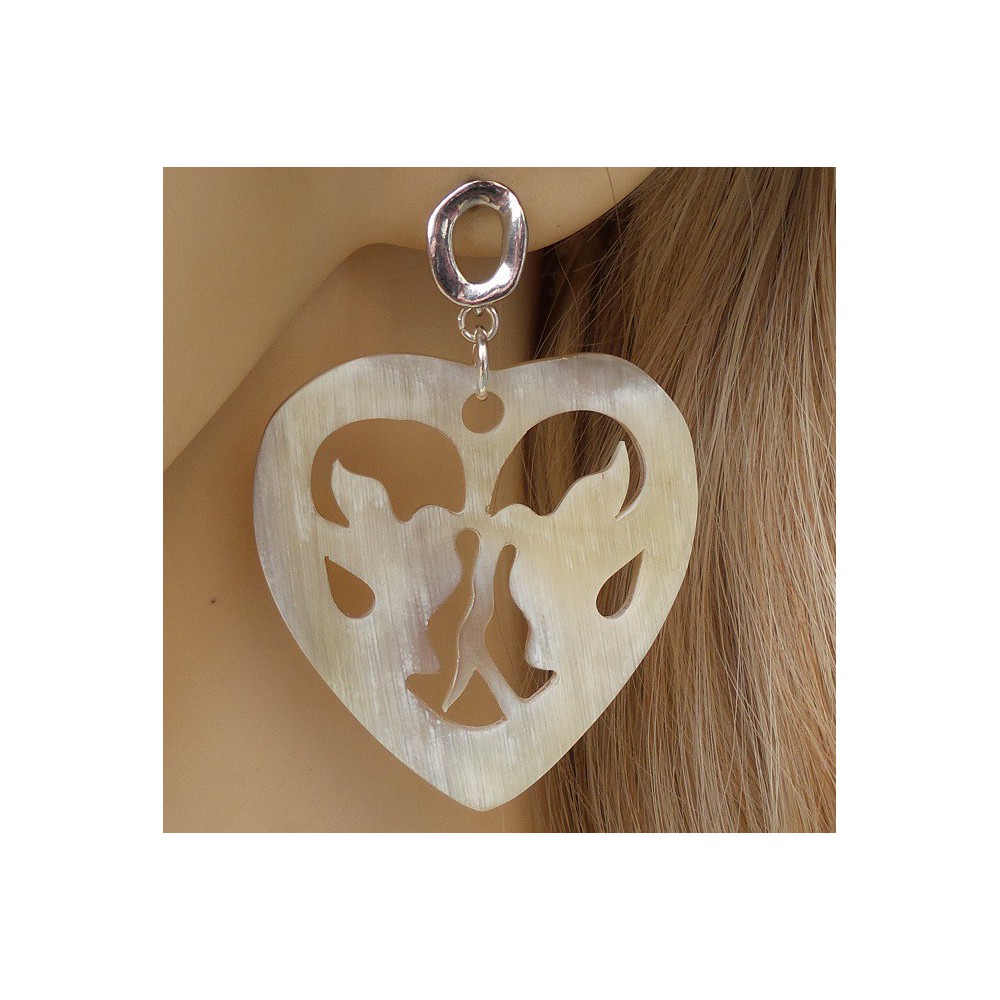 Silver earrings with hearts with doves of buffalo horn