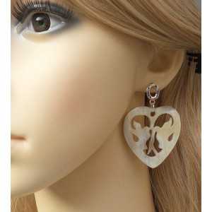 Silver earrings with hearts with doves of buffalo horn