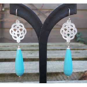 Silver earrings with carved mother of Pearl and Turquoise briolet