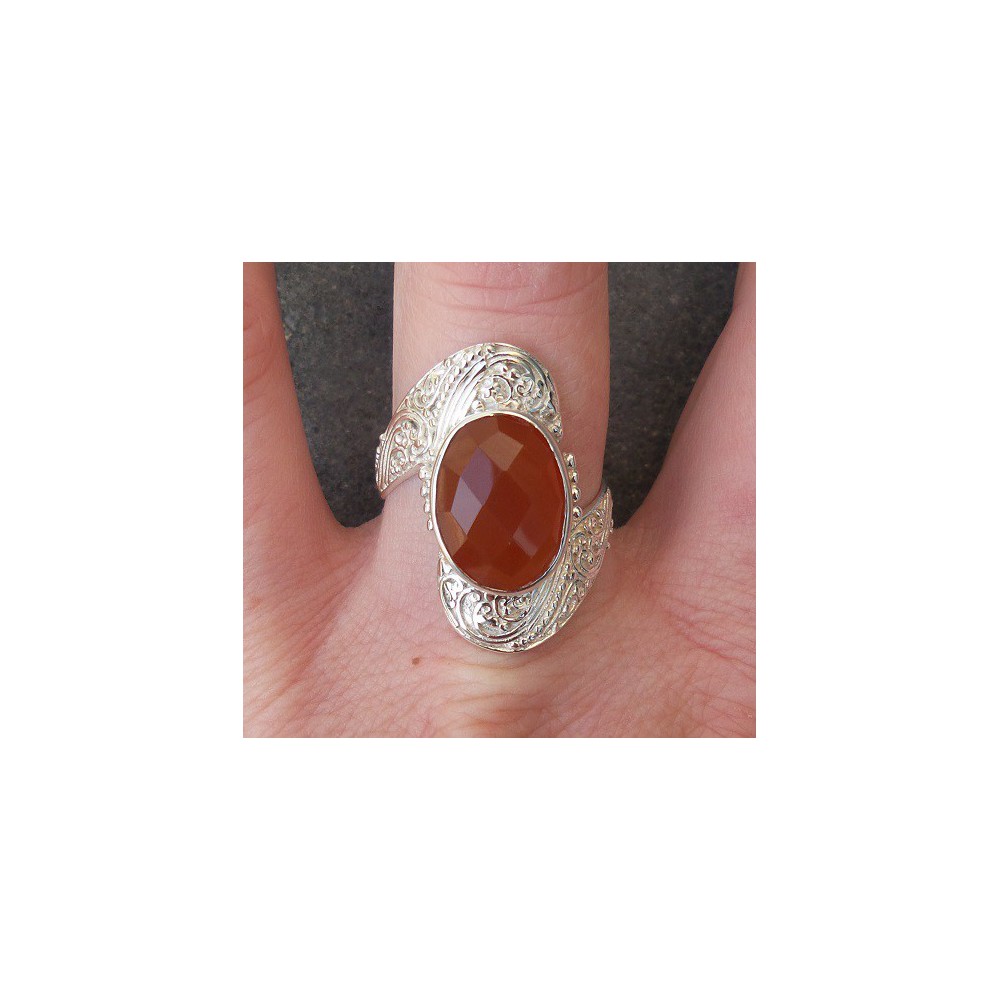 Silver ring set with oval faceted Carnelian 19 mm 