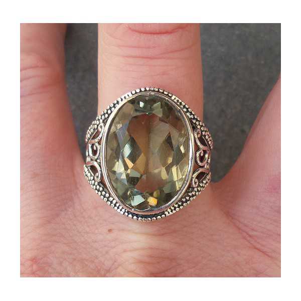 Silver ring set with oval green Amethyst 18.5 mm