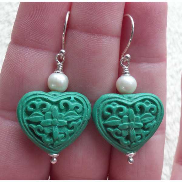 Silver earrings with heart of Cinnabar and freshwater Pearl 