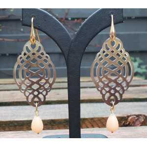 Gold plated earrings carved buffalo horn and Jade