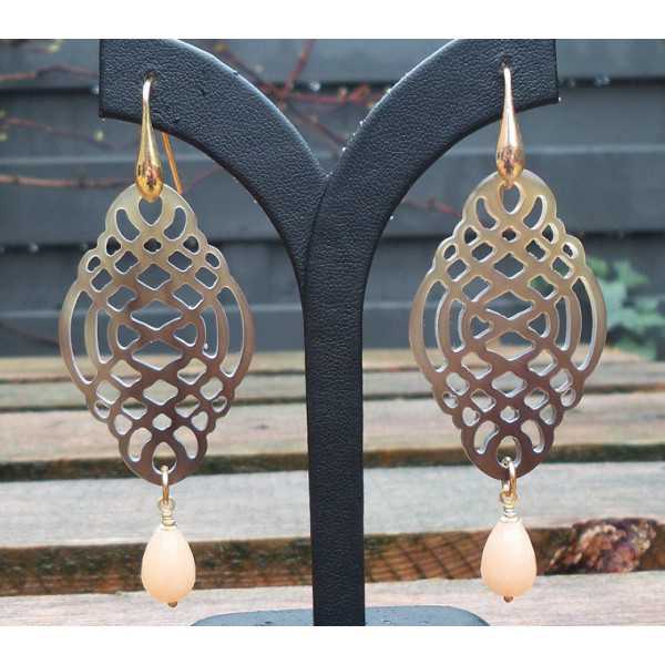 Vergoldete Ohrringe geschnitzt Büffelhorn und Jade