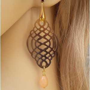 Gold plated earrings carved buffalo horn and Jade