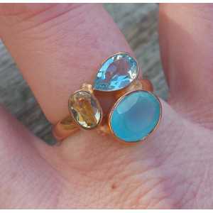 Gold plated ring with Chalcedony, blue Topaz and Citrine 18 mm 