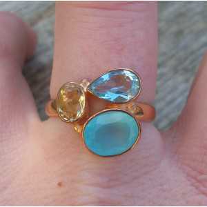 Gold plated ring with Chalcedony, blue Topaz and Citrine 18 mm 