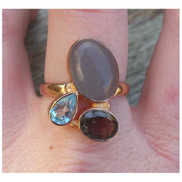Gold plated ring with Chalcedony, Smokey and blue Topaz, 19 mm 