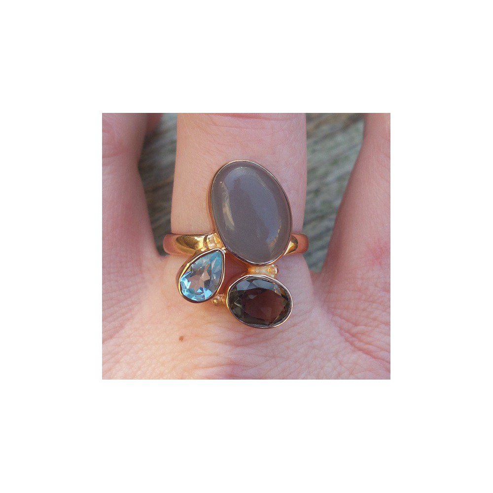 Gold plated ring with Chalcedony, Smokey and blue Topaz, 19 mm 