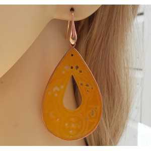 Rosé gold-plated earrings large carved orange Jade in frame 