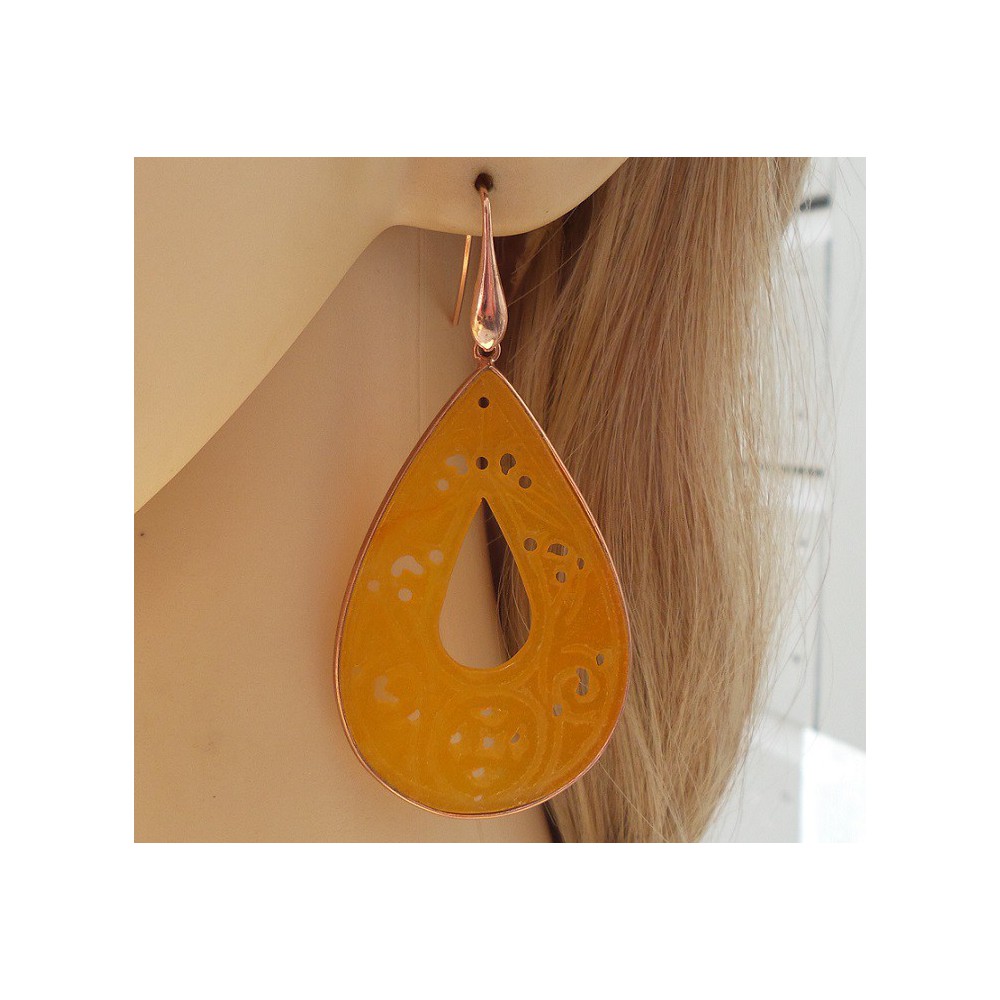 Rosé gold-plated earrings large carved orange Jade in frame 