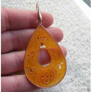 Rosé gold-plated earrings large carved orange Jade in frame 