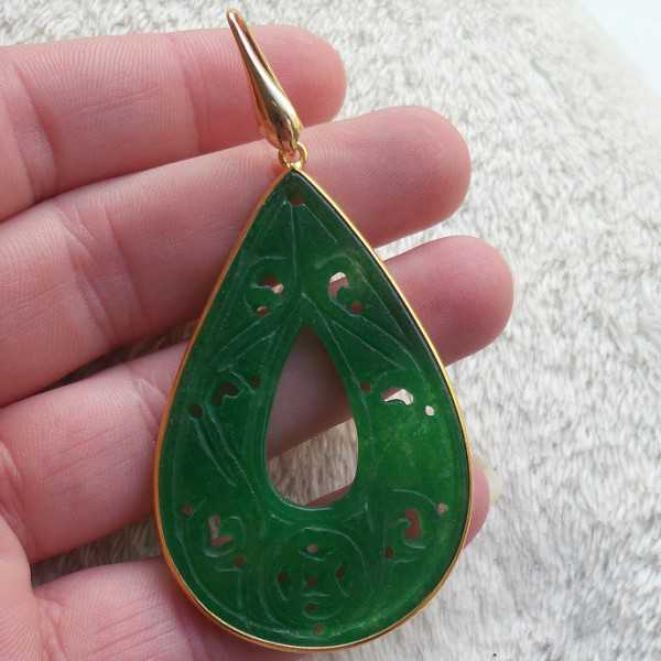 Gold plated earrings with large carved green Jade in frame 