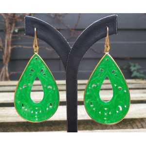 Gold plated earrings with large carved green Jade in frame 