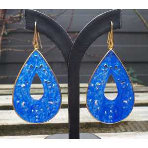 Gold plated earrings large carved blue Jade in frame
