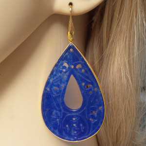 Gold plated earrings large carved blue Jade in frame 