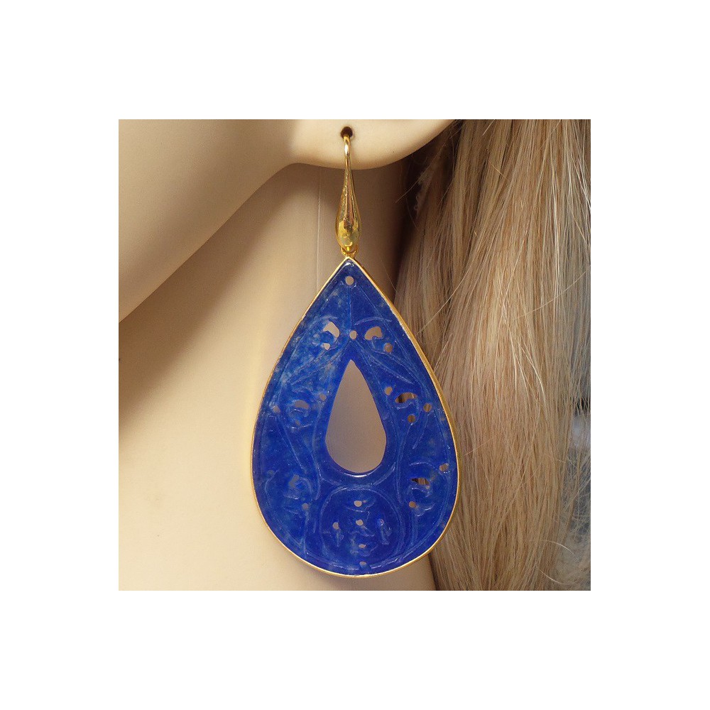 Gold plated earrings large carved blue Jade in frame 