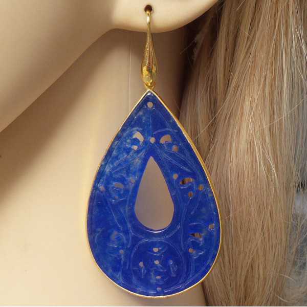 Vergoldete Ohrringe große geschnitzte Jade blau im Rahmen 