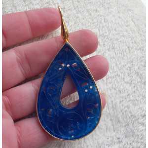 Vergoldete Ohrringe große geschnitzte Jade blau im Rahmen 