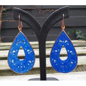 Rosé gold-plated earrings large carved blue Jade in frame 