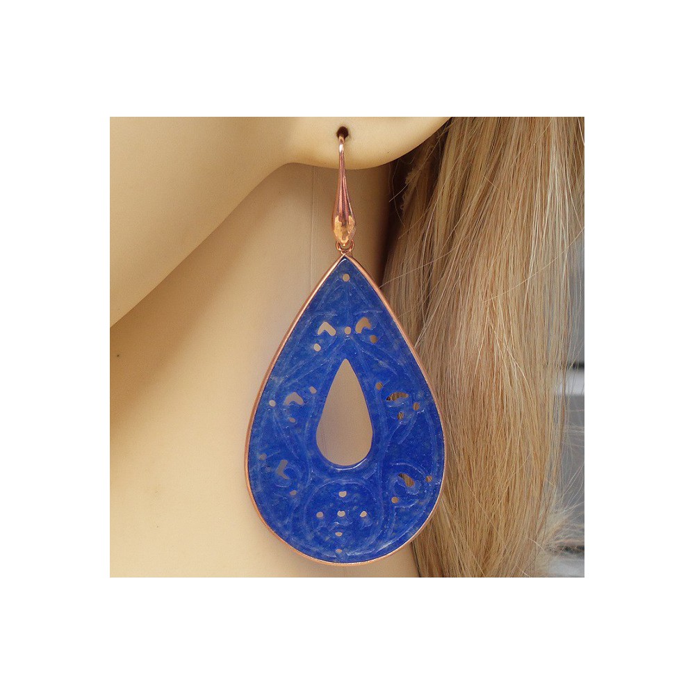 Rosé gold-plated earrings large carved blue Jade in frame 