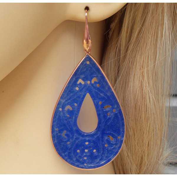 Rosé-vergoldete Ohrringe große geschnitzte Jade blau im Rahmen 