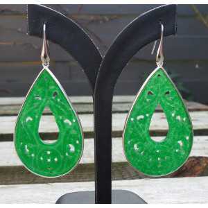Silver earrings-carved green Jade drop in frame