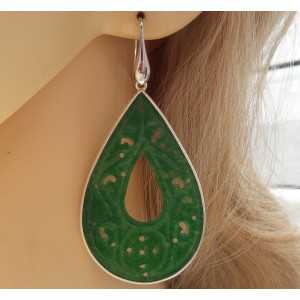 Silver earrings-carved green Jade drop in frame 