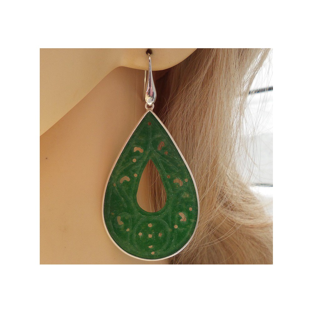 Silver earrings-carved green Jade drop in frame 