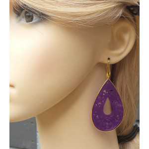 Vergulde oorbellen met grote uitgesneden paarse Jade in omlijsting