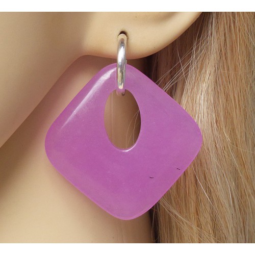 Zilveren creolen met paarse Jade hanger