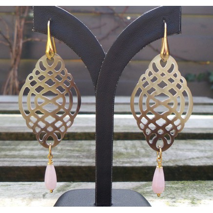 Vergulde oorbellen uitgesneden Buffelhoorn en roze Jade