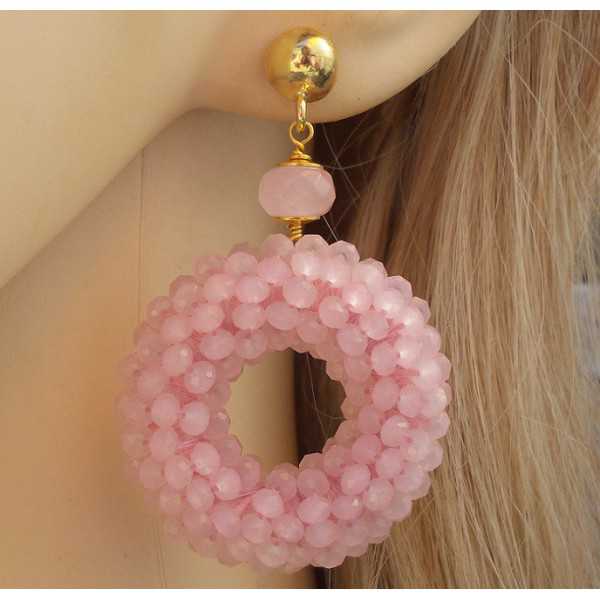 Vergulde oorbellen ring van roze kristallen en Rozenkwarts