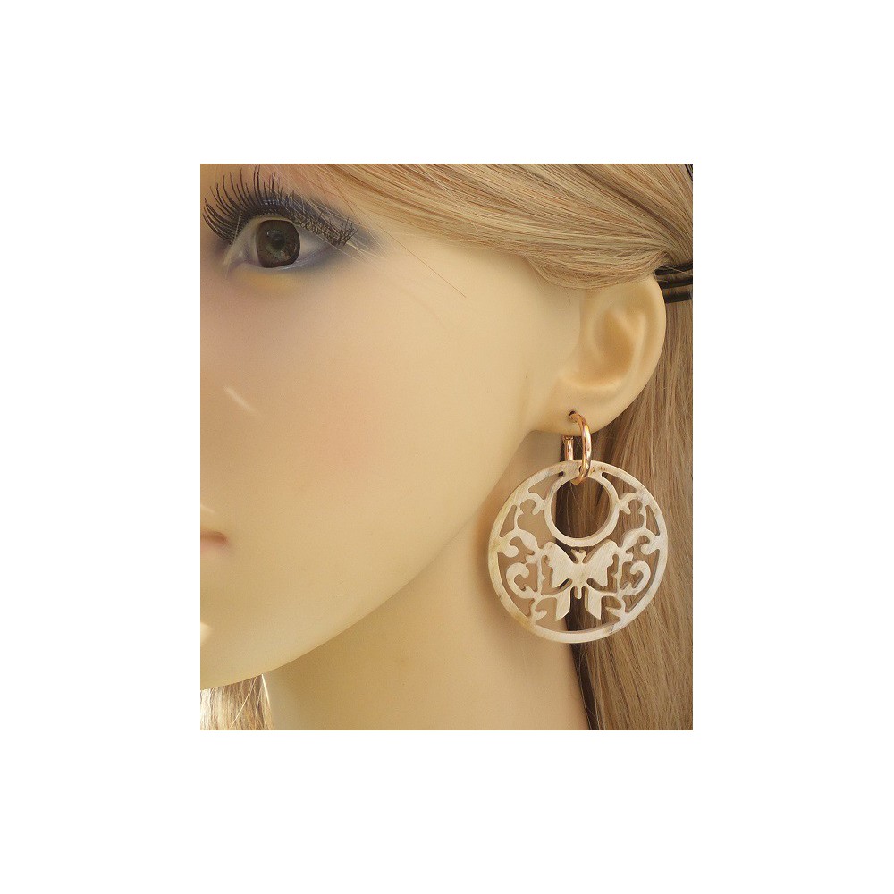 Rosé vergulde creolen met ronde uitgesneden Buffelhoorn