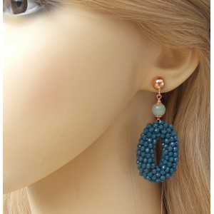Rosé vergulde oorbellen ovale hanger met jeans blauwe Kristallen en Amazoniet