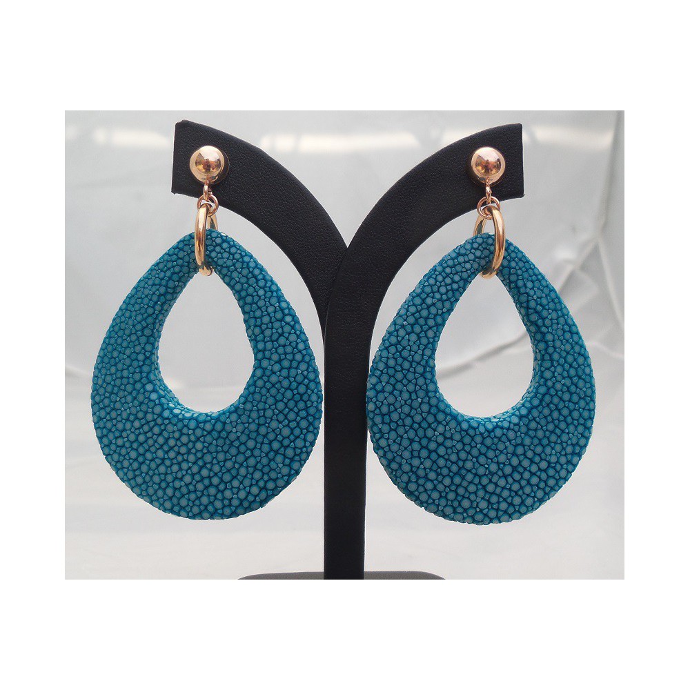 Rosé vergulde oorbellen met druppel van oceaan blauwe Roggenleer 