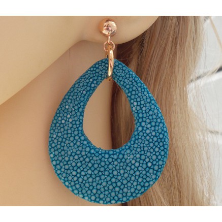 Rosé vergulde oorbellen met druppel van oceaan blauwe Roggenleer 