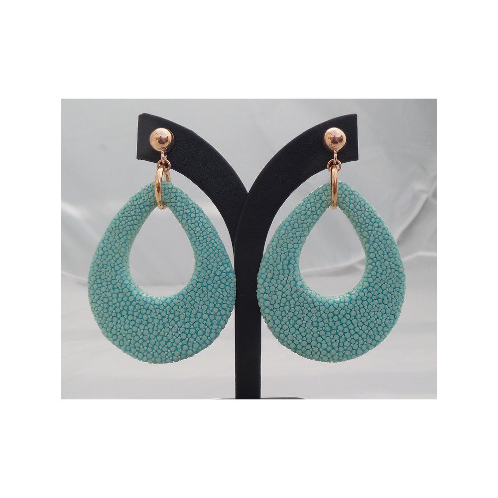 Rosé vergulde oorbellen met druppel van Turkoois blauwe Roggenleer